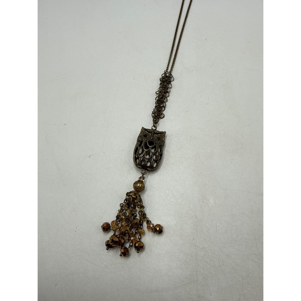 Ali Khan New York Owl Tassel Pendant Necklace Bronze Tone Amber Bead Long Chain